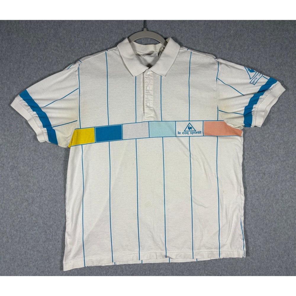 Vintage Le Coq Sportif Polo Shirt Mens Large White Color Block Made in Japan L